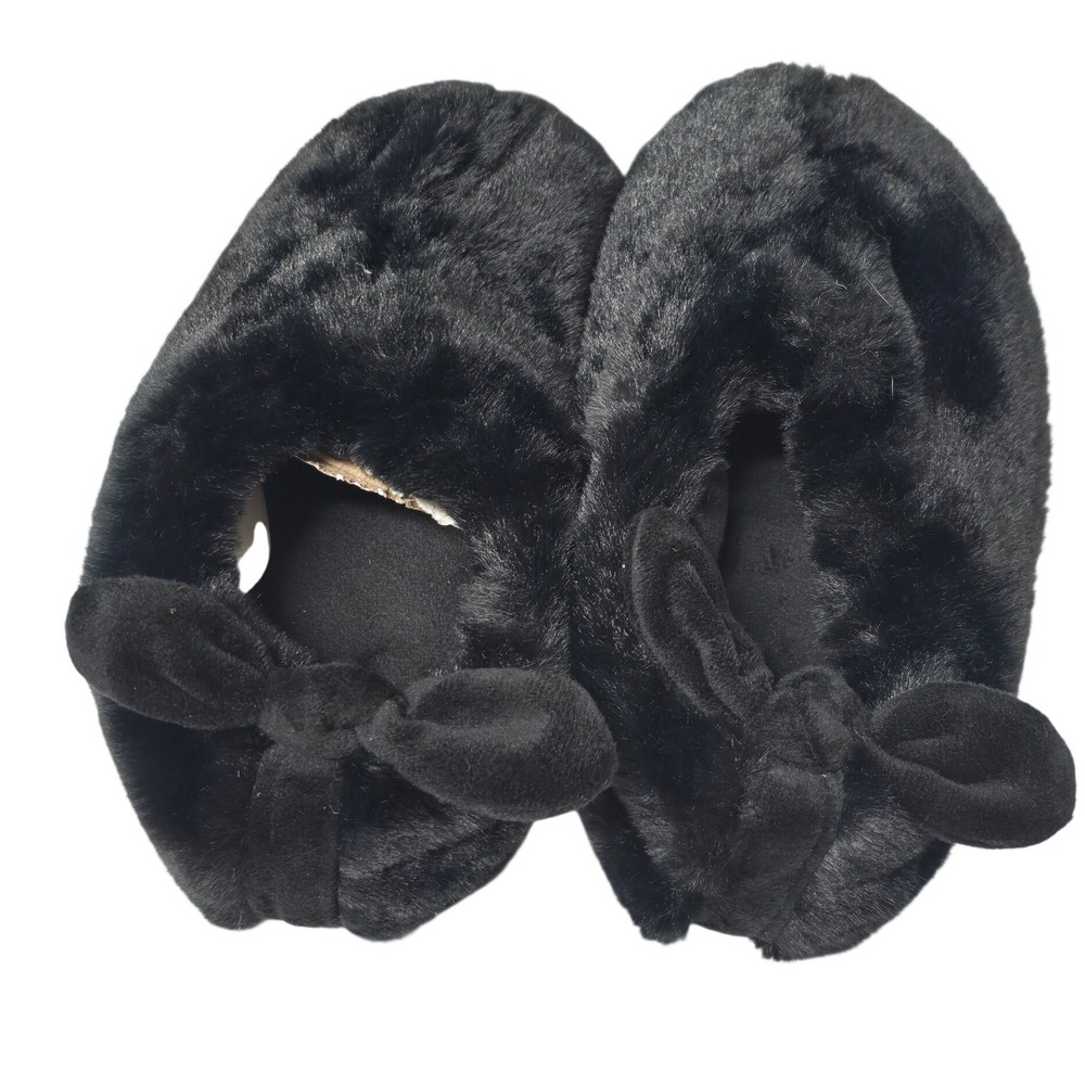 Isotoner Signature Black Faux Fur Memory Foam Bow Slippers SM 5-6 NWT